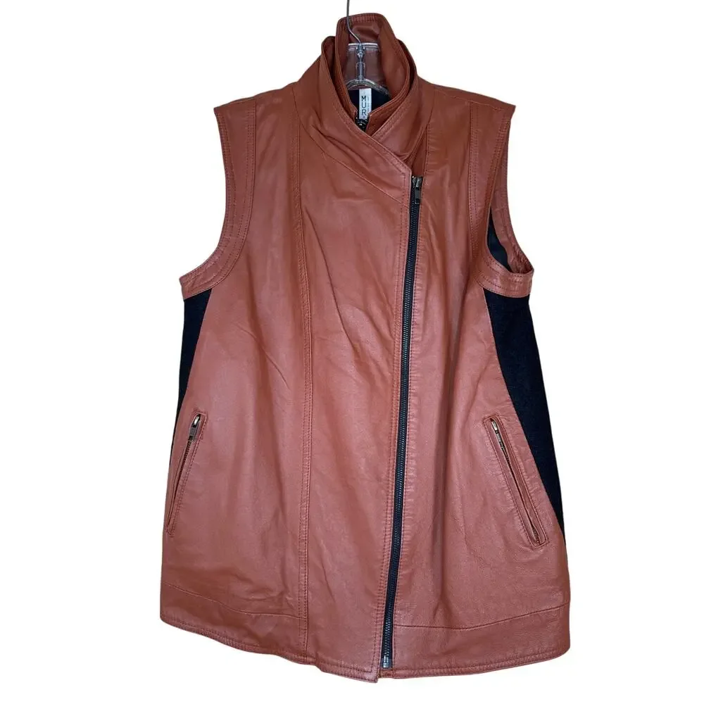 Mural Leather Moto Biker Vests Brown Black Zips Front Stretch Back Womens Medium - Picture 1 of 11